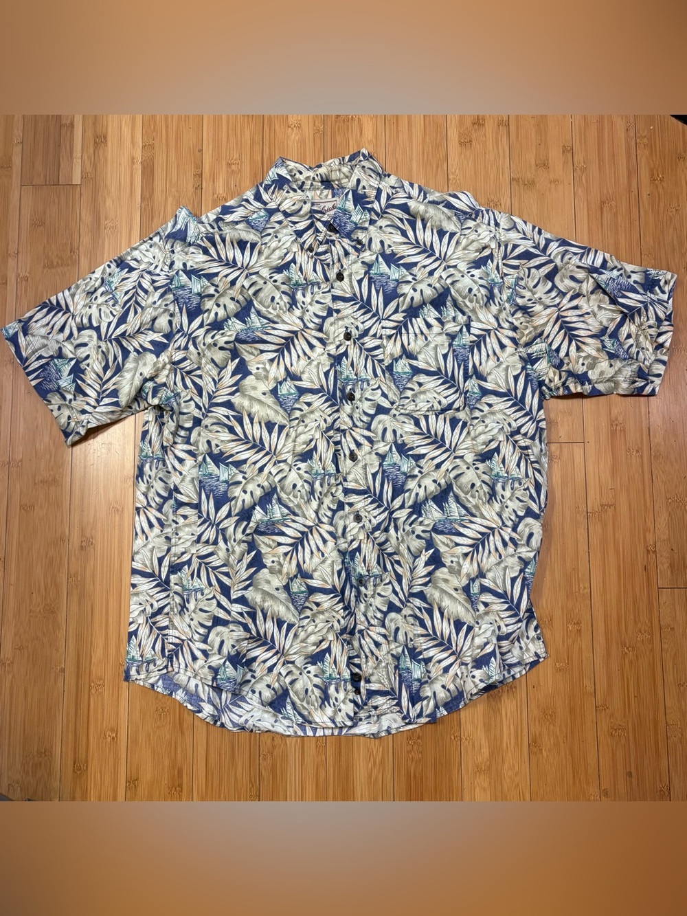 Woolrich Mens XL Hawaiian Shirt Tropical Sailboat Leaf Print 100% Cotton